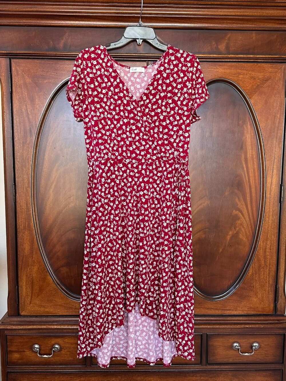 Rielle Cranberry Floral Wrap Dress High Low Stretchy Summer Dress Size L